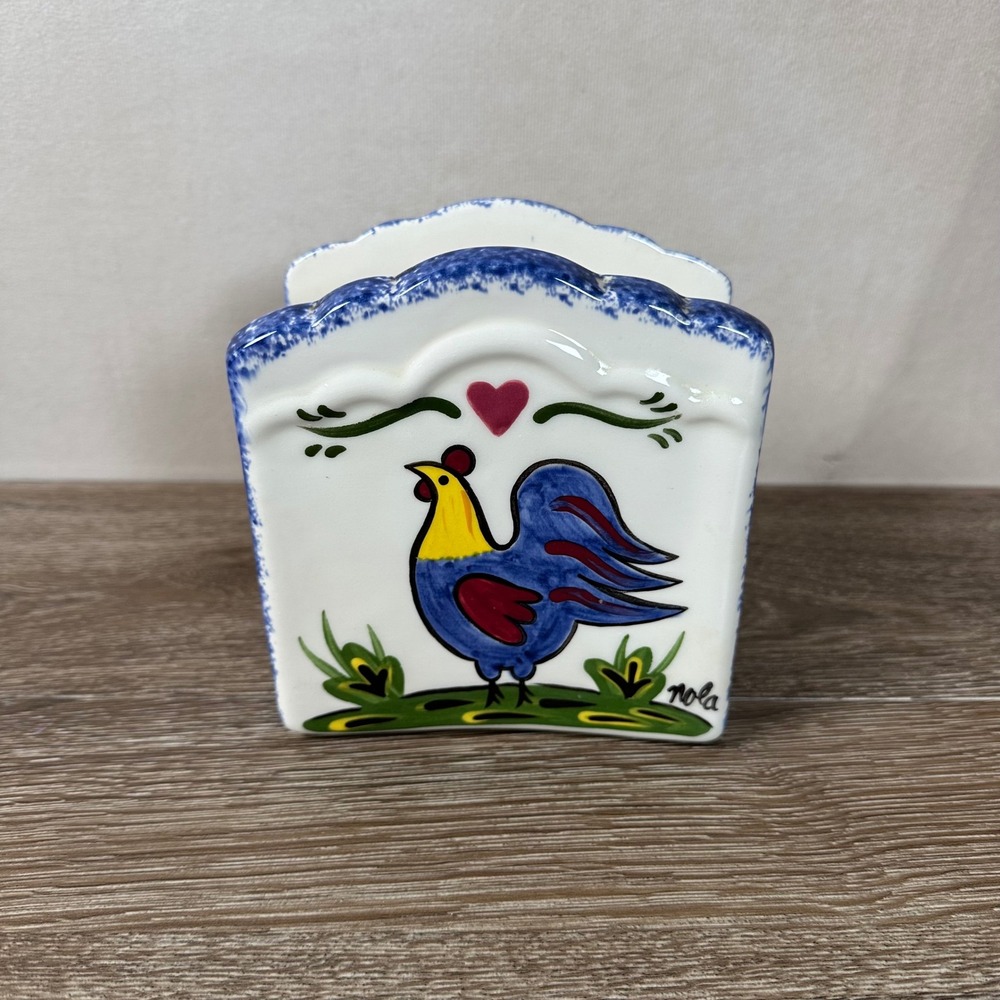 Nola Watkins Collection Napkin Holder Handpainted Pottery Rooster Blue White